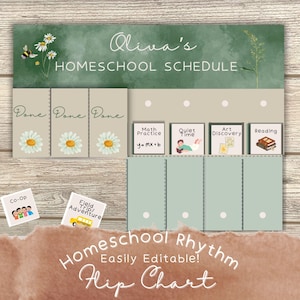 May include: A homeschool schedule chart with a green watercolor background and daisy accents. The chart includes sections for daily tasks, with labels like "Math Practice" and "Reading." The text "Olivia's Homeschool Schedule" is at the top.