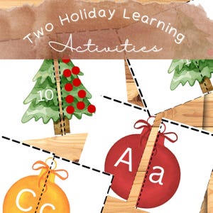 May include: Holiday-themed educational activity cards. The cards feature watercolor illustrations of Christmas trees, ornaments, and letters. The text "Two Holiday Learning Activities" is at the top. The cards are designed for learning and fun.