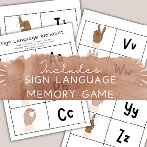May include: Sign language alphabet flashcards with illustrations of hand gestures for each letter. The cards are white with black text and dotted borders. The text "Includes Sign Language Memory Game" is overlaid on the image.