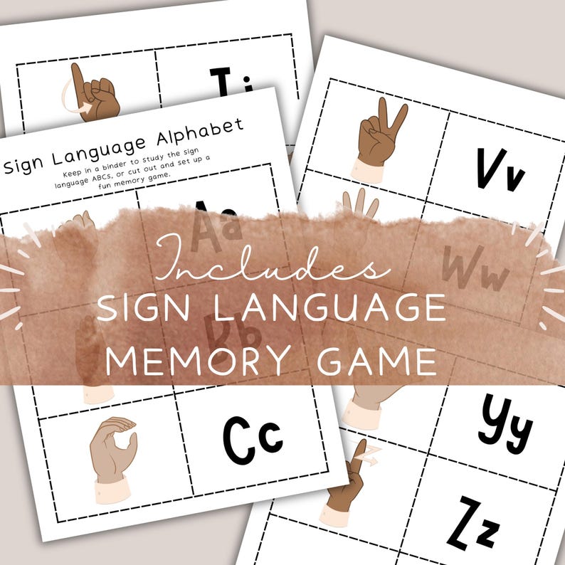May include: Sign language alphabet flashcards with illustrations of hand gestures for each letter. The cards are white with black text and dotted borders. The text "Includes Sign Language Memory Game" is overlaid on the image.
