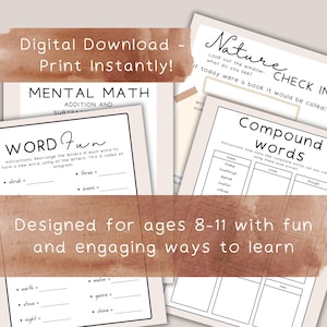 May include: Digital download educational worksheets for ages 8-11. The worksheets include mental math, word puzzles, and compound word exercises. The text on the worksheets includes "Digital Download - Print Instantly!" and "Designed for ages 8-11 with fun and engaging ways to learn."