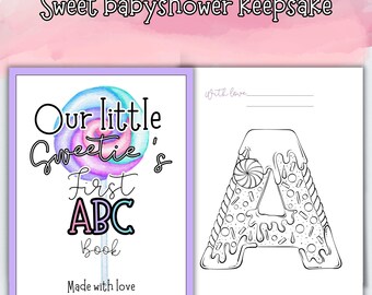 Libro para colorear para baby shower, actividad de recuerdo, libro personalizado del primer abecedario del bebé, juegos imprimibles para baby shower "Pequeña Dulzura".