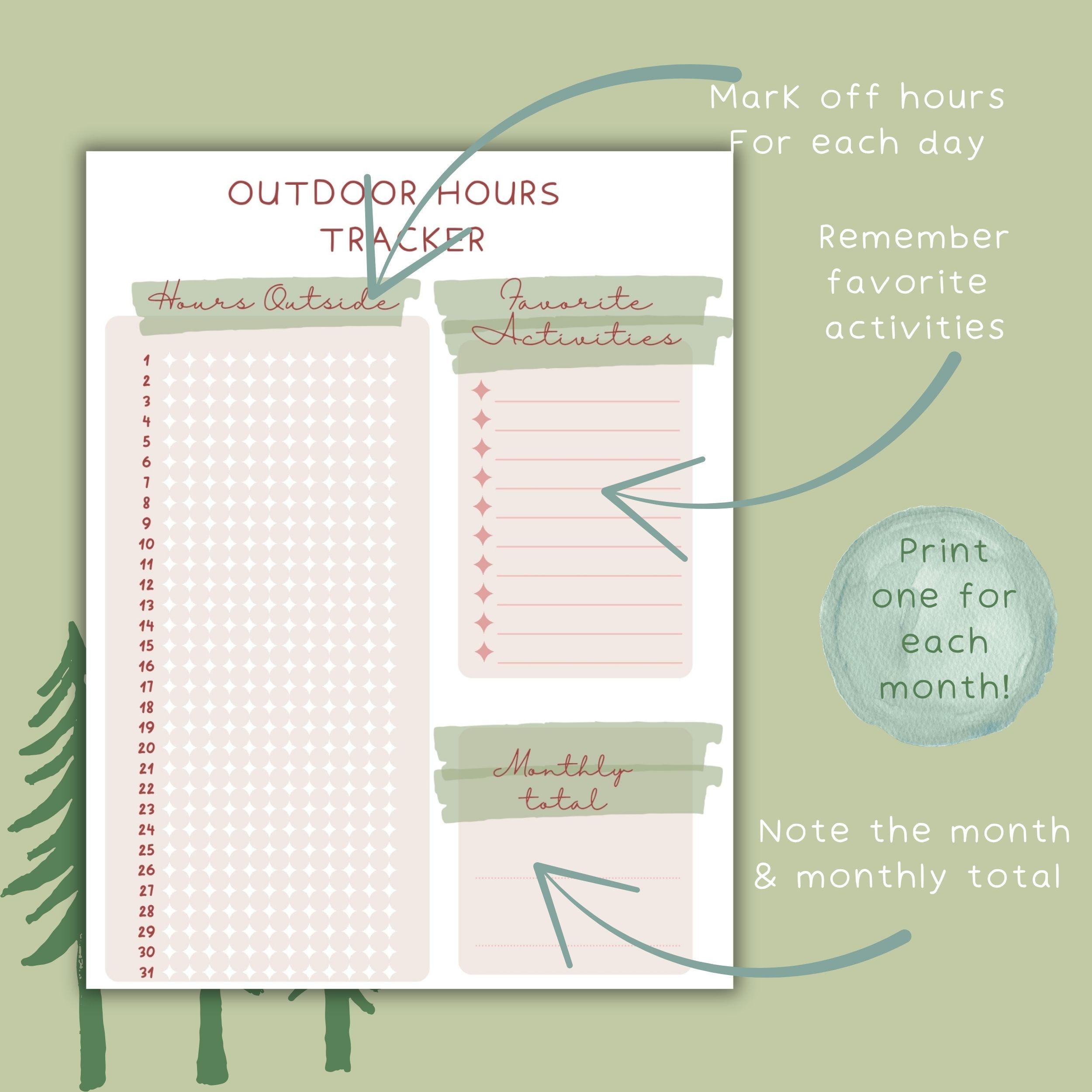 Outdoor Activity Inventory Outdoor Hours Tracker Printable | 1000 Hours Outside Challenge Chart ...