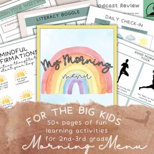 May include: A colorful educational resource titled "My Morning Menu" for 2nd-3rd grade students. The design features a watercolor rainbow and the text "My Morning Menu." Additional pages include creative writing prompts, literacy activities, and daily check-ins.