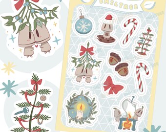 May include: A sticker sheet and individual stickers featuring whimsical Christmas-themed illustrations. Designs include mushroom characters, mistletoe, candy canes, Christmas trees, acorns, and a candle. The sticker sheet has the text "EMILTREE".