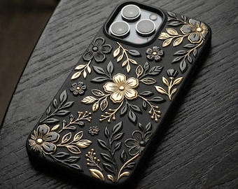 Étui pour iPhone floral or noir, motif botanique en relief 3D, étui en silicone mat Cottagecore foncé
