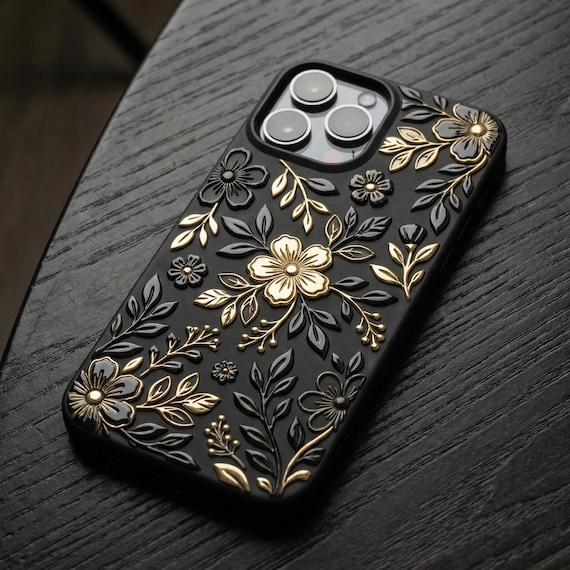 Black Gold Floral iPhone Case 3D Embossed Botanical Matte Silicone Cover Dark Cottagecore