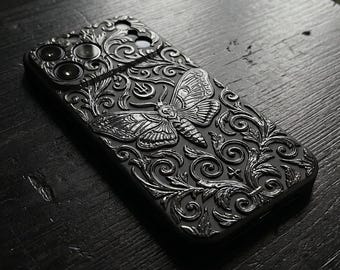 3D Embossed Gothic Butterfly Phone Case, Baroque Floral Victorian Design Cover