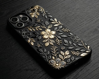 Black Gold Floral iPhone Case 3D Embossed Botanical Matte Silicone Cover Dark Cottagecore