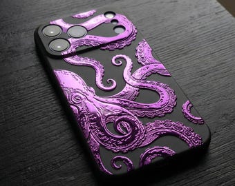 Pieuvre Coque iPhone | Tentacules en relief 3D en silicone noir mat | Housse Kraken métallique violette