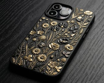 Floral Phone Case Black Gold Botanical Wildflower Matte Silicone iphone Cover Cottagecore Gift