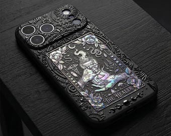 The Healer Tarot iPhone Case: Embossed Mystical Celestial Cover (Holographic, Gold, Silver, Rose Gold)