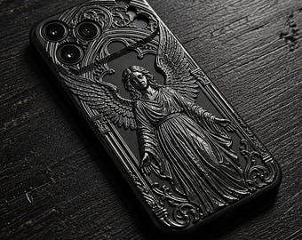 Gothic Angel iPhone Case, Dark Baroque 3D Embossed Matte Black Cover