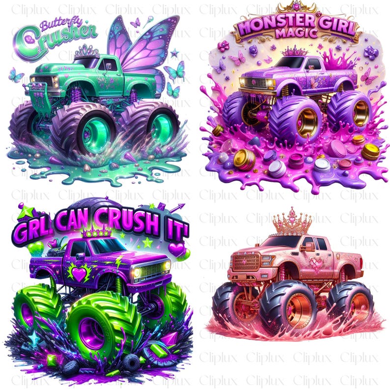 May include: Four digital illustrations of monster trucks with different colors and designs. The first truck is green with a butterfly on the side and the text "Butterfly Crusher". The second truck is purple with the text "Monster Girl Magic". The third truck is purple with the text "Grl Can Crush It!". The fourth truck is pink with a crown on top.