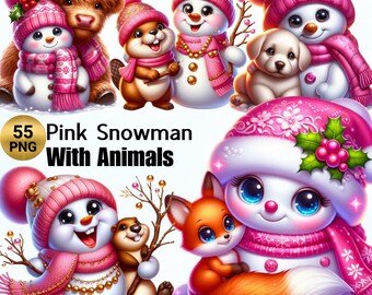 55 png roze sneeuwpop met dieren clipart, sneeuwpop collectie, roze kerst, feestelijke sneeuwpop illustraties, winter png, commercieel gebruik