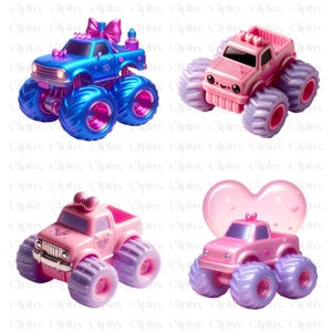 May include: Four toy monster trucks, two pink and two blue, with large wheels and a heart-shaped design on the pink trucks. The trucks have bows and other decorative details.