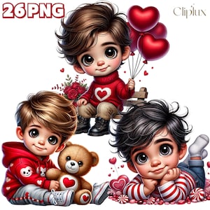 26 PNG Dia dos Namorados Bebê Menino Clipart, Amor, Coração, Balão, Urso, Rosa, Ilustrações de Chocolate, Caixa de presente PNG, Uso Comercial