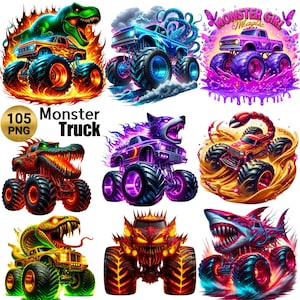 105 PNG Monster Truck Clipart, Clipart véhicule tout-terrain extrême, Illustrations de motif de T-shirt pour enfants, chemise PNG, usage Commercial