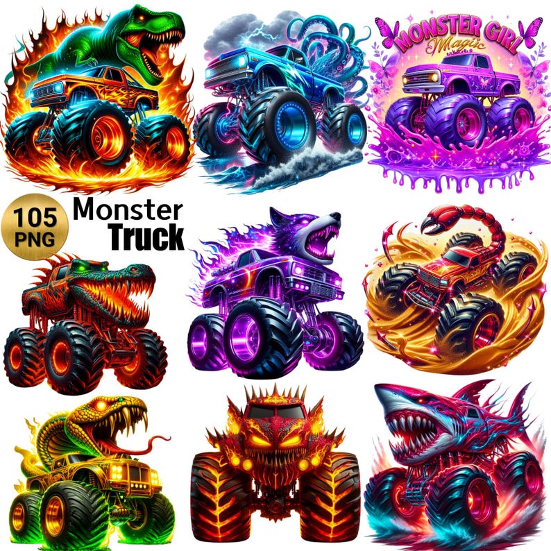 105 clipart PNG di monster truck, clipart di veicoli fuoristrada estremi, illustrazioni per magliette per bambini, magliette PNG, uso commerciale