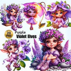 20 PNG lila violette Elfen Clipart, niedliche Baby-Elfen, Gartenelfen, Frühlingsblumen-Clipart-Illustrationen, Blumenelfen-Hemd PNG, kommerzielle Nutzung