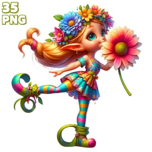 May include: A colorful fairy with blonde hair and pointed ears wearing a floral crown and a blue and green dress with a floral pattern. She is holding a large pink flower and has one leg raised.