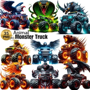 35 PNG Tier Monster Truck P2 Clipart, Extrem Geländewagen Clipart, Kinder-T-Shirt Muster Illustrationen, Shirt PNG, kommerzielle Nutzung