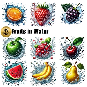 49 PNG Fruits dans l'eau Clipart, aliments sains, fruits tropicaux, éclaboussures de fruits, orange, banane, pomme Illustrations, PNG, usage commercial