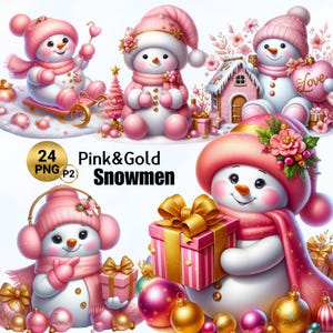 24 PNG Natal Boneco de Neve Bonito P2 Clipart, Coleção de Boneco de Neve Rosa e Dourado, Família de Boneco de Neve, Ilustrações de Cartão de Natal, Uso Comercial