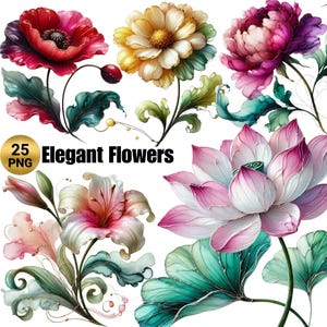 25 PNG Elegante Blumen Clipart, Frühlingsblumen, Florale Kunst, Papiermodelle, Junk Journals Illustrationen, Abstrakte Blumen PNG, kommerzielle Nutzung