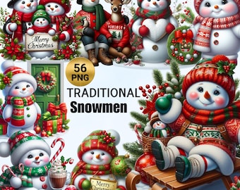 56 PNG Christmas Snowman Clipart , Red and Green Snowman Collection, Snowman Family, Christmas Card Illustrations, Winter , Commercial Use