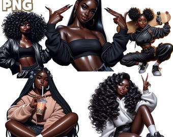 Black Girl (P2) Clipart - 27 PNG Afro Girl Clipart Bundle, Denim Girl Clipart, Beatiful Girl, Fashionable Girl Graphics, Commercial Use