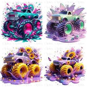 May include: Four digital illustrations of monster trucks with different themes. The first truck is teal blue with pink and purple paint splatters. The second truck is green with purple and teal paint splatters. The third truck is purple with yellow flowers. The fourth truck is purple with yellow flowers and a butterfly.
