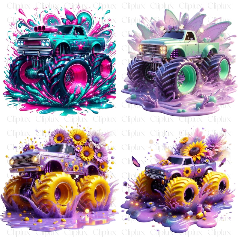 May include: Four digital illustrations of monster trucks with different themes. The first truck is teal blue with pink and purple paint splatters. The second truck is green with purple and teal paint splatters. The third truck is purple with yellow flowers. The fourth truck is purple with yellow flowers and a butterfly.