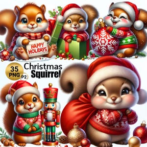 35 PNG Noël écureuil P2, animaux de Noël, père Noël écureuil, illustrations de cartes de Noël, bébé écureuil PNG, usage Commercial