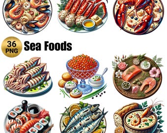 36 imágenes PNG de mariscos: langosta, ostra, camarón, salmón, gamba, mejillón. Ilustraciones de alimentos PNG. Uso comercial.