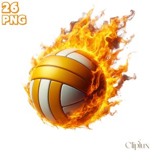 May include: A yellow and white volleyball engulfed in flames. The flames are orange and yellow and appear to be moving upwards and to the right.