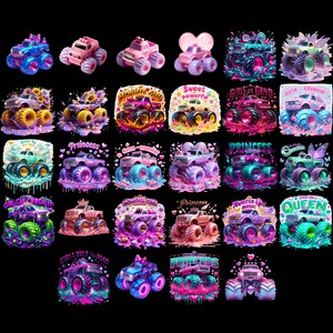 May include: A collection of 20 colorful digital illustrations featuring monster trucks with various designs and slogans. The trucks are decorated with pink, blue, and green colors and have different slogans like "Monster Girl Magic", "Girls Rule the Road", "Princess", and "Queen".