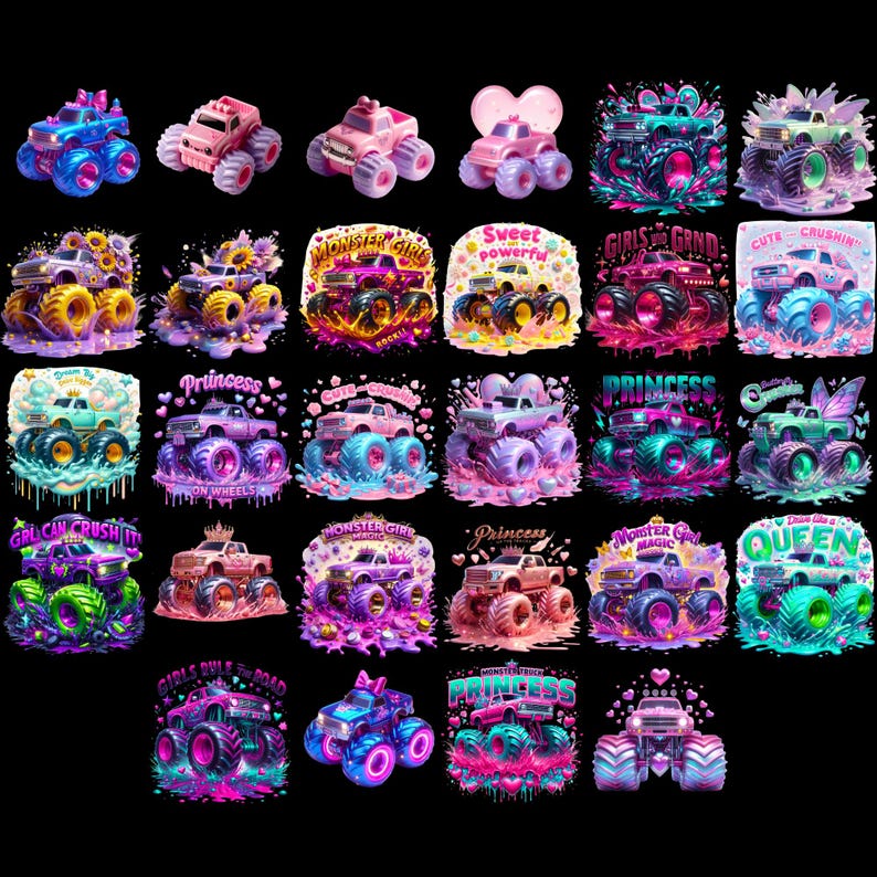 May include: A collection of 20 colorful digital illustrations featuring monster trucks with various designs and slogans. The trucks are decorated with pink, blue, and green colors and have different slogans like "Monster Girl Magic", "Girls Rule the Road", "Princess", and "Queen".