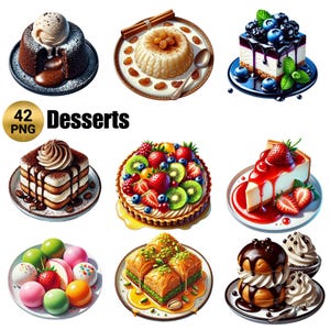 42 png- desserts clipart, zoete lekkernijen, chocolade clipart, verjaardagstaart, bakken clipart, voedselillustraties, cupcake png, commercieel gebruik