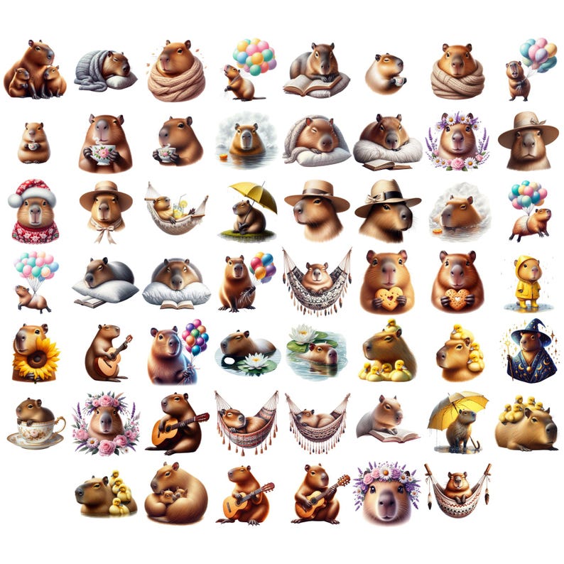 Capybara Collection Clipart - 54 PNG Cute Capybara Bundle, Flower ...