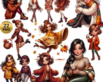 Herbst Frauen Clipart - 22 PNG Herbst Grafiken, Herbst Png, gemütliche Herbst Clipart, Cottagecore, Boho, Herbst Mode Frau, kommerzielle Nutzung