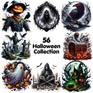 56 PNG Halloween Collection Clipart , Halloween Landscape, Witch, Spider, Ghost, Bat, Graveyard Illustrations, Pumpkin PNG , Commercial Use