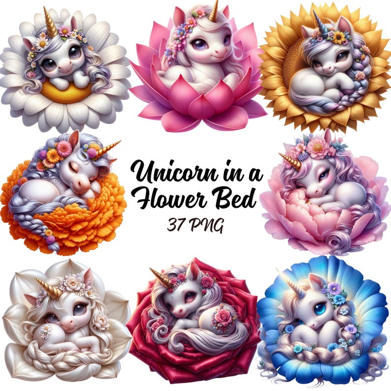 Unicorn in a Flower Bed Clipart - 37 PNG Baby Unicorn, Floral Unicorn ...