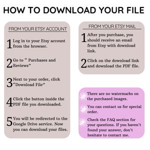 May include: A pink and white illustrated guide with instructions on how to download a digital file from Etsy. The guide includes steps for downloading from your Etsy account and from your Etsy email.