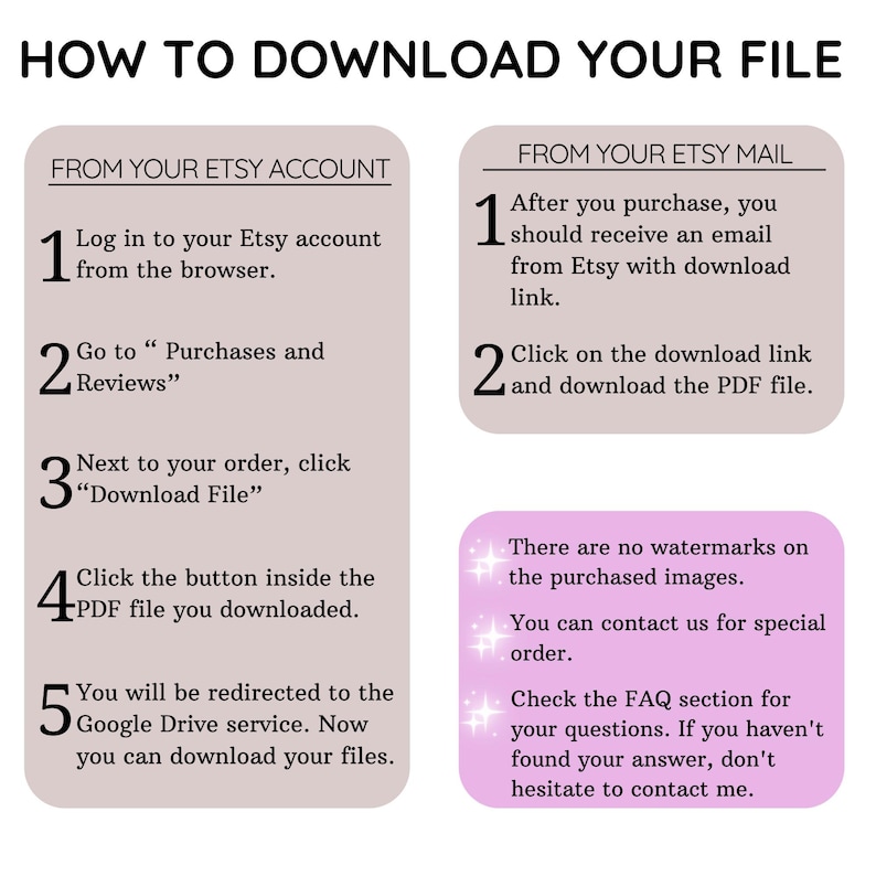 May include: A pink and white illustrated guide with instructions on how to download a digital file from Etsy. The guide includes steps for downloading from your Etsy account and from your Etsy email.