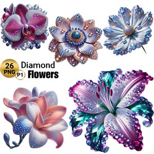 25 PNG Flores de Diamante (P1) Clipart, Flor de Primavera, Diamante png, Gráficos de Flores, Sublimação de Flores, Fundo Transparente, Uso Comercial