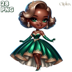 Black Girl in Bouffant Dresses Clipart - 28 PNG Fashion Woman, Black Afro Lady, Girl with Braids, Chibi in romantic Dress, Commercial Use