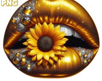 May include: A pair of gold lips with a sunflower in the center. The lips are shiny and have a glitter effect. The sunflower is yellow with a dark brown center.