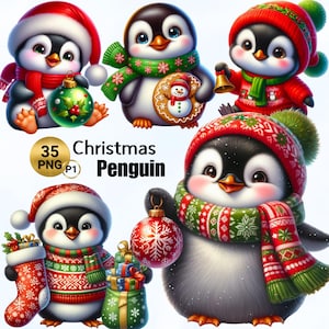 35 png-kerstpinguïn P1 clipart, kerstdieren, kerstmanpinguïn, kerstkaartillustraties, babypinguïn png, commercieel gebruik
