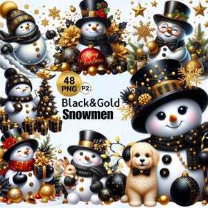 48 PNG Christmas Snowman P2 Clipart, Colección de muñecos de nieve negros y dorados, Familia de muñecos de nieve, Ilustraciones de tarjetas navideñas, Invierno, Uso comercial